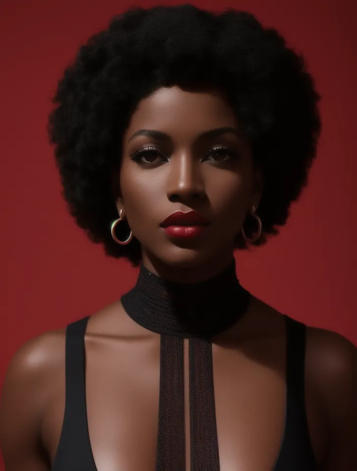 L'image est un portrait d'une jeune femme à la peau foncée et aux cheveux noirs. Elle porte une robe noire avec un décolleté plongeant et un col haut. Le col est fait d'un tissu noir transparent et a un éclat métallique. Les cheveux de la femme sont coiffés en afro et elle porte des boucles d'oreilles en forme de cercle. Son maquillage est impeccable et elle porte un rouge à lèvres rouge foncé. L'arrière-plan de l'image est rouge et la peau de la femme brille. L'image est prise en plongée et les yeux de la femme regardent directement le spectateur.