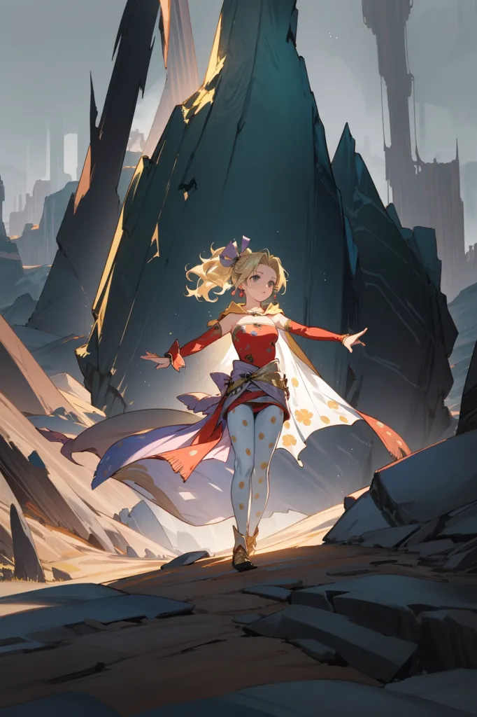 The image is of a young woman with long blonde hair and blue eyes. She is wearing a red and white outfit and is standing in a rocky landscape. The background is of a ruined city. The woman is looking at the viewer with a smile on her face.