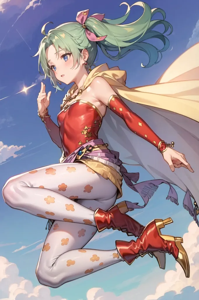 This image shows a young woman with green hair and blue eyes. She is wearing a red and white outfit and a yellow cape. She is also wearing white stockings with brown shoes. She is jumping in the air and has her right hand extended. She is surrounded by clouds and there is a shooting star in the background.