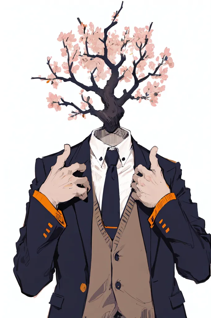 La imagen es de un hombre con traje y un árbol creciendo de su cabeza. El árbol tiene flores rosadas. El hombre lleva una camisa blanca, una chaqueta negra y un chaleco marrón. Tiene las manos sobre el pecho. La imagen está dibujada en un estilo realista.