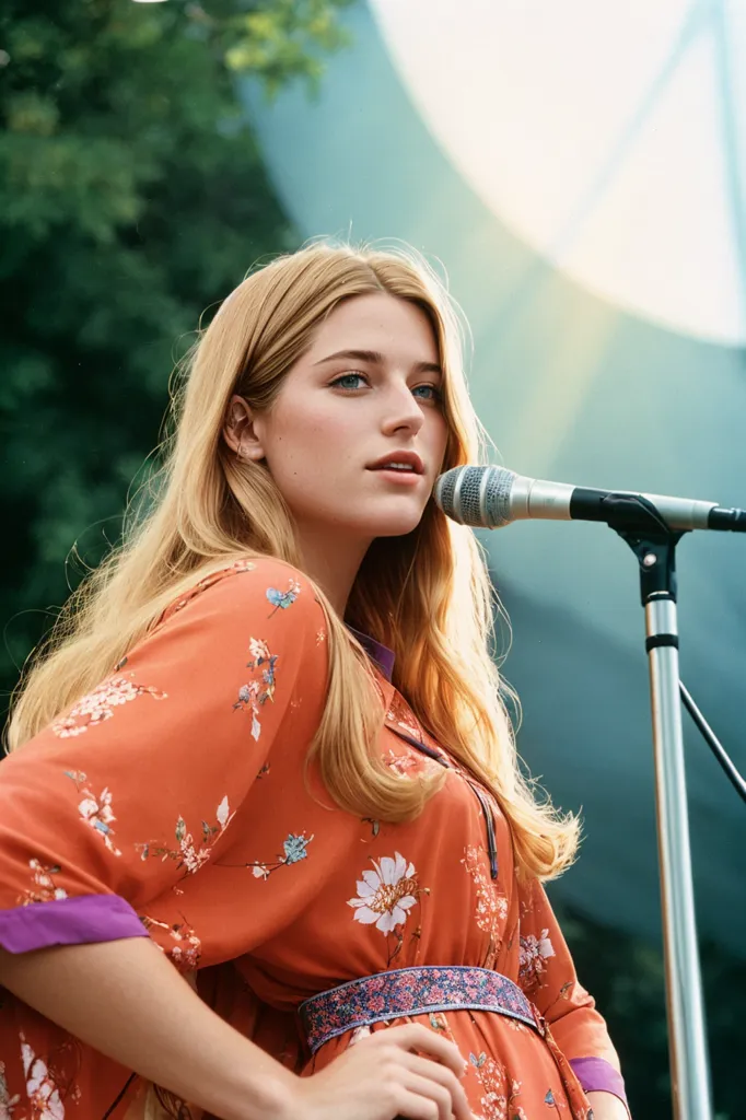 A imagem mostra uma jovem mulher com cabelos loiros longos cantando em um microfone. Ela está usando um vestido floral vermelho e laranja com uma faixa roxa. Ela tem a mão na cintura e está olhando para a plateia. Ela está em pé em frente a um suporte de microfone com uma grande árvore verde ao fundo.