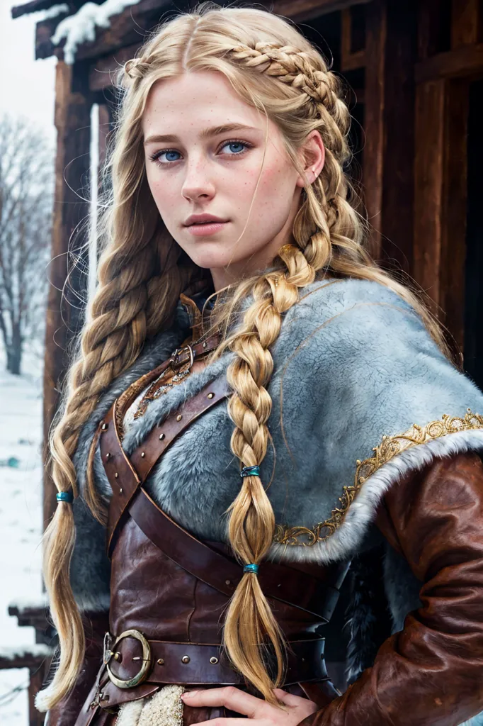 The image shows a young woman, probably in her late teens or early twenties, with long blond hair braided on the top of her head and falling in two thick braids over her chest. She is wearing a brown leather bodice with silver buckles and grey fur trim around the neckline and shoulders. The bodice is cinched at the waist with a wide brown belt. She has a serious expression on her face and is looking directly at the viewer. She is standing in front of a wooden house with snow on the ground.