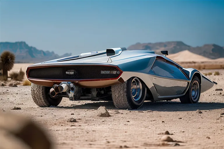 A imagem mostra um carro futurista no deserto. O carro é prateado e tem um design longo e elegante. Ele está sentado em uma superfície rochosa com montanhas ao fundo. O céu está claro e azul. O carro tem um motor grande e dois tubos de escape. O carro também é muito baixo em relação ao solo.