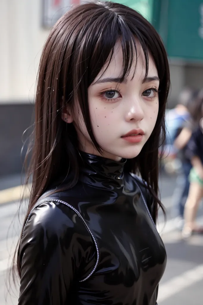 The image shows a young woman, probably in her late teens or early twenties, with long black hair, straight bangs, and dark brown eyes. She is wearing a black latex turtleneck with silver accents. The image is cropped so that only her head and shoulders are visible. The background is blurred.