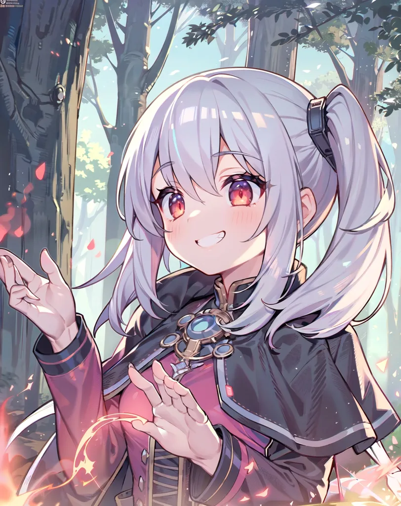 The image is of an anime-style girl with long silver hair and purple eyes. She is wearing a red and black outfit with a white cape. She is standing in a forest, and there are pink petals falling around her. She has a happy expression on her face, and she is holding her hands out in front of her.