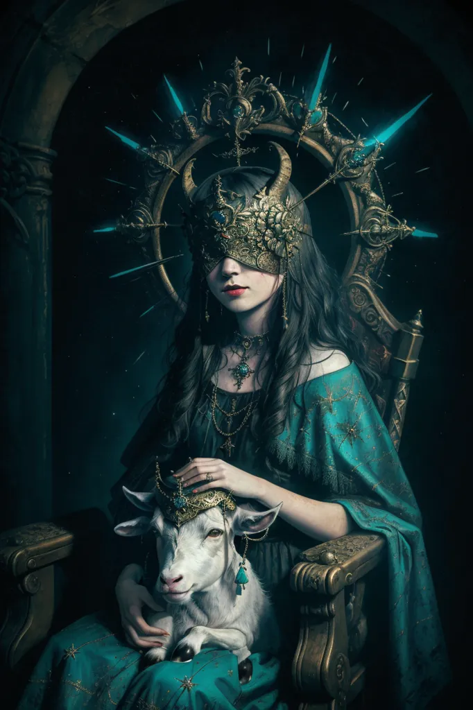 The image is of a woman sitting on a throne. She is wearing a dark green dress with a gold and silver crown on her head. She has long black hair and pale skin. Her eyes are covered by a blindfold. She is holding a white goat in her lap. The goat has a gold crown on its head. The background is dark with a dark blue light shining on the woman.