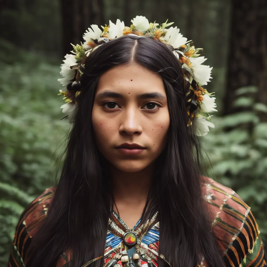 This image shows a young woman, probably in her late teens or early twenties, with long black hair and brown eyes. She is wearing a traditional Mexican headdress made of white and yellow flowers and green leaves. The headdress is quite large and covers most of her head. She is also wearing a colorful necklace with a large pendant in the center. The background of the image is blurred, but it looks like she is standing in a forest. The overall effect of the image is one of beauty and serenity. The woman's expression is peaceful and serene, and the colors of the image are muted and natural.