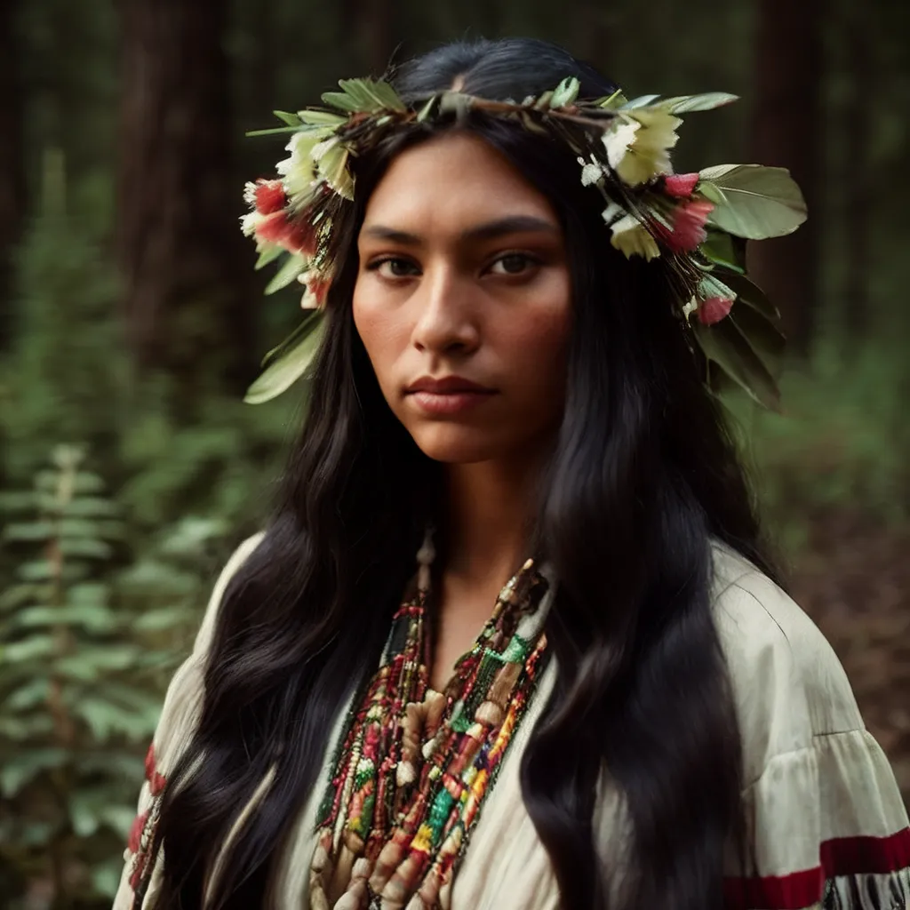 This image shows a young woman, probably in her late teens or early twenties, with long, dark hair. She is wearing a white dress with some colorful embroidery around the collar. She is also wearing a necklace made of colorful beads and stones. There are some green leaves and small white and pink flowers in her hair. The background is blurred but looks like a forest.