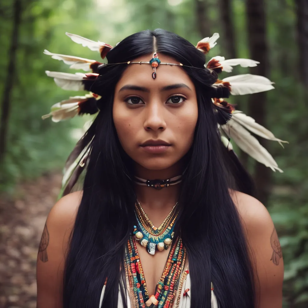 This image shows a young Native American woman with long black hair and brown eyes. She is wearing a white dress with a colorful beaded necklace and a headband with feathers in it. She is standing in a forest and looking at the camera with a serious expression.