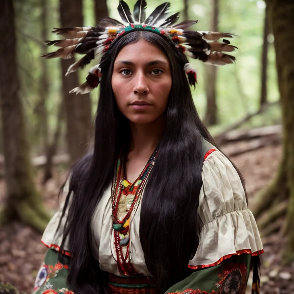 This image shows a young Native American woman in traditional dress. She is wearing a white buckskin dress with a colorful floral pattern and a long necklace made of beads and shells. Her hair is long and black and she is wearing a headband made of feathers and beads. She is standing in a forest and looking at the camera with a serious expression.