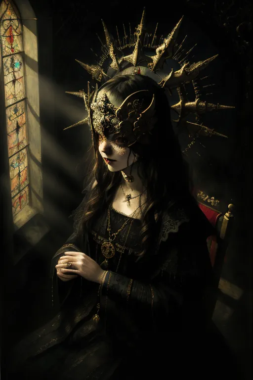 The image is of a woman wearing a black dress with a golden necklace and a golden crown with spikes. She is sitting on a throne in front of a stained glass window. The light from the window is shining on her face. Her hands are folded in her lap and she has a serene expression on her face. The image is dark and mysterious, with a hint of the supernatural.