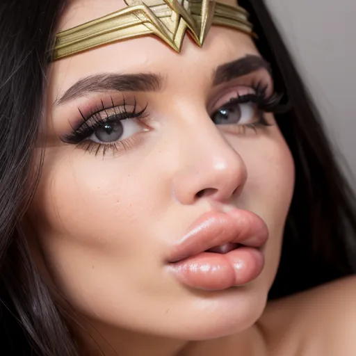 The image shows a young woman with long, dark hair. She is wearing a gold headband with the Wonder Woman logo on it. Her eyes are wide and her lips are slightly parted. She is wearing heavy makeup, including eyeshadow, eyeliner, and mascara. Her eyebrows are arched and her skin is smooth and flawless. She is wearing a white button-down shirt.