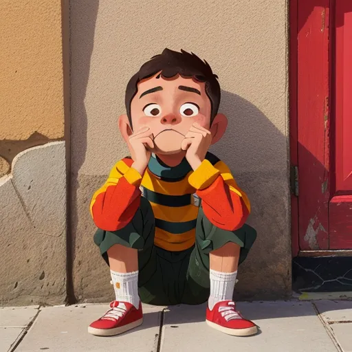 The image shows a small boy crouching on the sidewalk next to a red door. The boy is wearing a yellow and black striped shirt, green pants, and red sneakers. He has his hands on his face and looks like he is crying. There is a building with yellow walls and a red door behind him. The ground is made of gray tiles. The image is drawn in a realistic style.