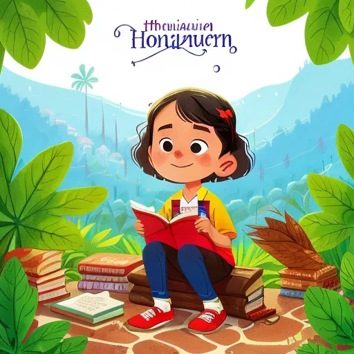 Esta es una imagen de una niña sentada sobre una pila de libros en un frondoso paisaje verde. La niña lleva una camisa azul, zapatos rojos y tiene el cabello castaño. Está leyendo un libro y hay otros libros apilados a su alrededor. El fondo es un borrón de hojas verdes y hay un cielo azul con nubes blancas en la parte superior de la imagen. La niña está sonriendo y parece feliz.