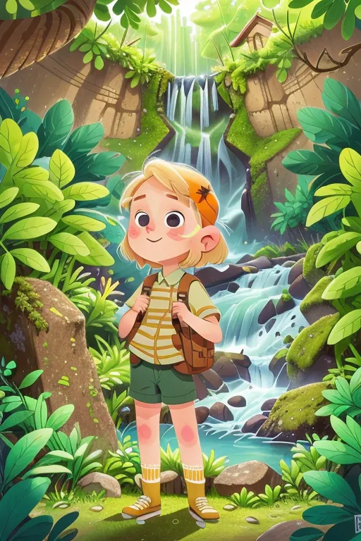 The image is of a young girl standing in a lush green jungle. She is wearing a yellow shirt, green shorts, and a brown backpack. She has a happy expression on her face and is looking at the viewer. There is a waterfall in the background and a small house on the right side of the image. The girl is surrounded by green plants and flowers. The image is bright and colorful and has a happy, adventurous feel to it.