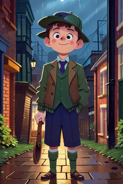 The image shows a young boy wearing a green hat, a brown jacket, and blue pants. He is standing in a narrow alleyway between two buildings. The boy has a confident smile on his face and is carrying a rolled-up newspaper. The background of the image is blurry, but it looks like there are buildings and a street lamp in the distance. The image is drawn in a cartoon style and has a warm and inviting atmosphere.