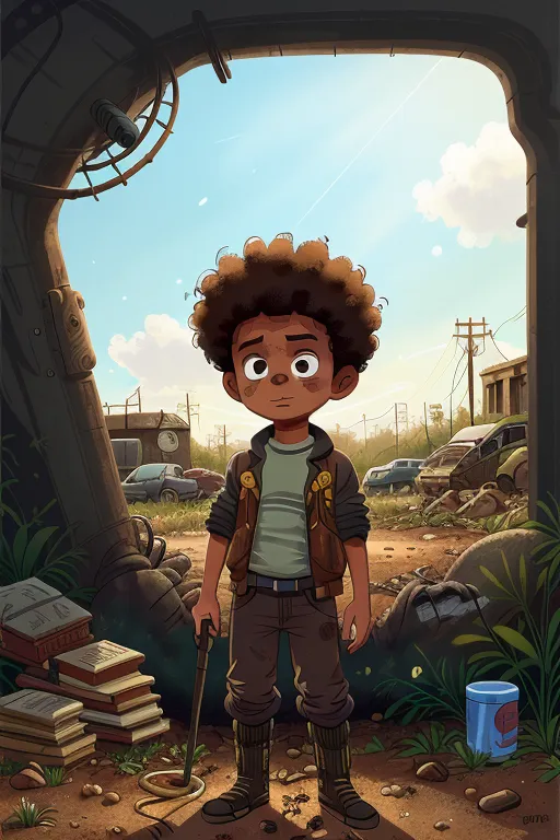 This is an image of a young boy standing in a post-apocalyptic junkyard. The boy is wearing a tattered brown jacket and jeans, and he has a determined look on his face. He is holding a stick in his right hand. The junkyard is filled with scrap metal, broken cars, and other debris. The sky is hazy and there are no visible adults around. The image is both hopeful and sad, as it suggests that the boy is alone and must fend for himself in this harsh world.