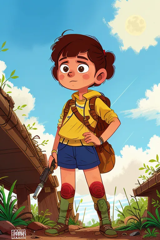 A young girl with brown hair and brown eyes is standing on a wooden pier. She is wearing a yellow shirt, blue shorts, and a brown backpack. She has a gun in her hand and is looking to the left with a determined expression. The background is a jungle with green trees and blue water.