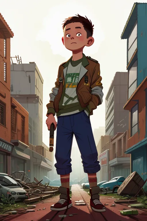 A young boy stands in the middle of a ruined city street. He is wearing a brown leather jacket, a green t-shirt, and blue pants. He has a gun in his hand. The city is in ruins, with buildings destroyed and cars abandoned. The sky is hazy and the sun is shining.