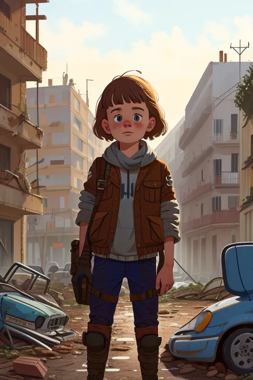 A young girl stands in a war-torn city. The buildings around her are damaged and destroyed, and the ground is littered with rubble. The girl is wearing a brown jacket and a gray shirt. She has a backpack on her back and a gun in her hand. She looks scared and determined.