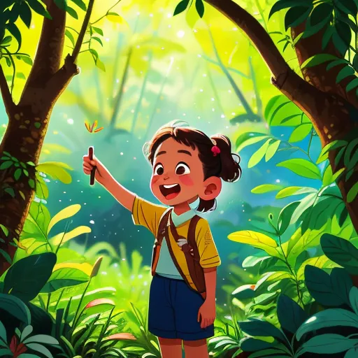 A young girl is standing in a lush green forest. She is wearing a yellow shirt, blue shorts, and a brown backpack. She has a big smile on her face and is holding a stick in her right hand. The sun is shining through the trees and creating a dappled pattern on the ground. The girl is surrounded by tall grass, ferns, and other plants. There is a large tree to her right. The girl is looking at something in the distance. She is excited and curious. She is on an adventure.