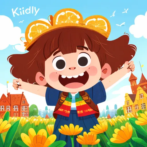 This is an image of a girl wearing a blue shirt and orange hat. The girl has her arms outstretched and is standing in a field of yellow flowers. In the background, there is a town with red-roofed houses and a castle. The sky is blue, and there are white clouds. The girl is smiling and has a happy expression on her face.