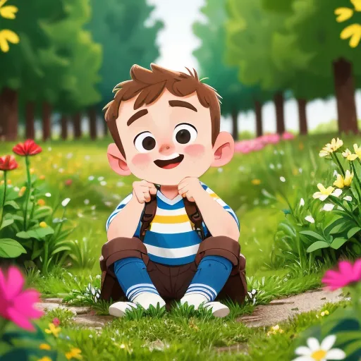 The picture shows a happy little boy sitting on a grass field. He has brown hair and blue eyes. He is wearing a blue and white striped shirt, brown pants, and a yellow backpack. The boy is surrounded by green grass and flowers of various colors. In the background, there are tall trees. The sky is blue and there are white clouds. The picture is drawn in a cartoon style and has a happy, carefree feel to it.