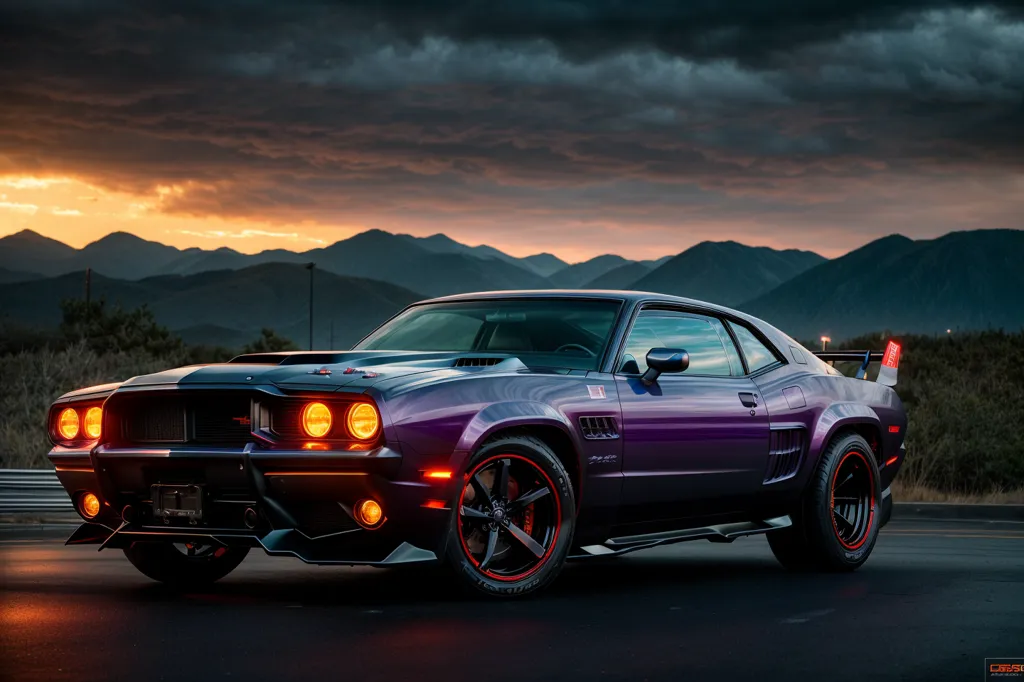 La imagen es un coche morado aparcado en una carretera de asfalto. El coche es un clásico muscle car con un capó largo y un maletero corto. Tiene una parrilla grande y faros redondos. El coche está pintado de un color morado oscuro y tiene un techo de vinilo negro. El coche está apoyado en ruedas negras con aros rojos. El fondo de la imagen es una cordillera al atardecer. El cielo está oscuro y nublado y el sol se está poniendo detrás de las montañas. La imagen es muy detallada y el coche está representado de manera realista.