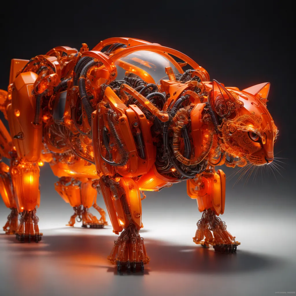 The image shows a steampunk cat made of metal and glass. The body is mainly composed of orange metal with glass or plastic tubing running along its back and legs. The cat has a clear glass dome on its head, exposing its brain and wires. Its eyes are glowing orange, and there is a small light on its nose. The cat is crouched on all fours, with its tail curled up behind it. It is standing on a reflective surface, which is reflecting the light from its body. The background is a dark, neutral color.