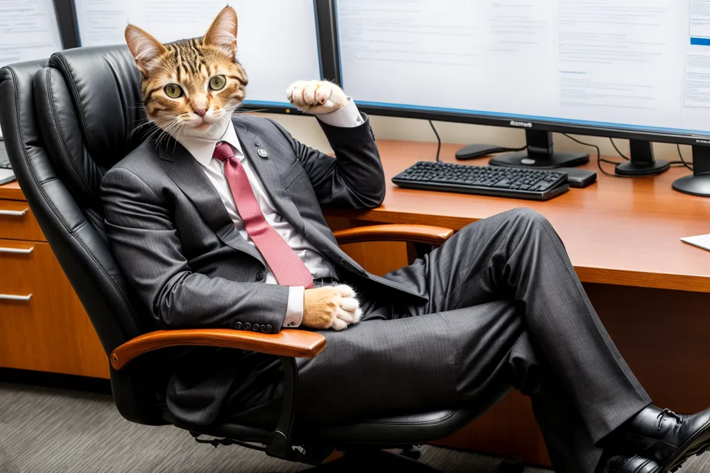 The image shows a cat wearing a suit and tie, sitting in an office chair. The cat has its paw on the arm of the chair and is looking at the camera. There are two computer monitors, a keyboard, and a mouse on the desk. The cat is wearing a serious expression on its face.