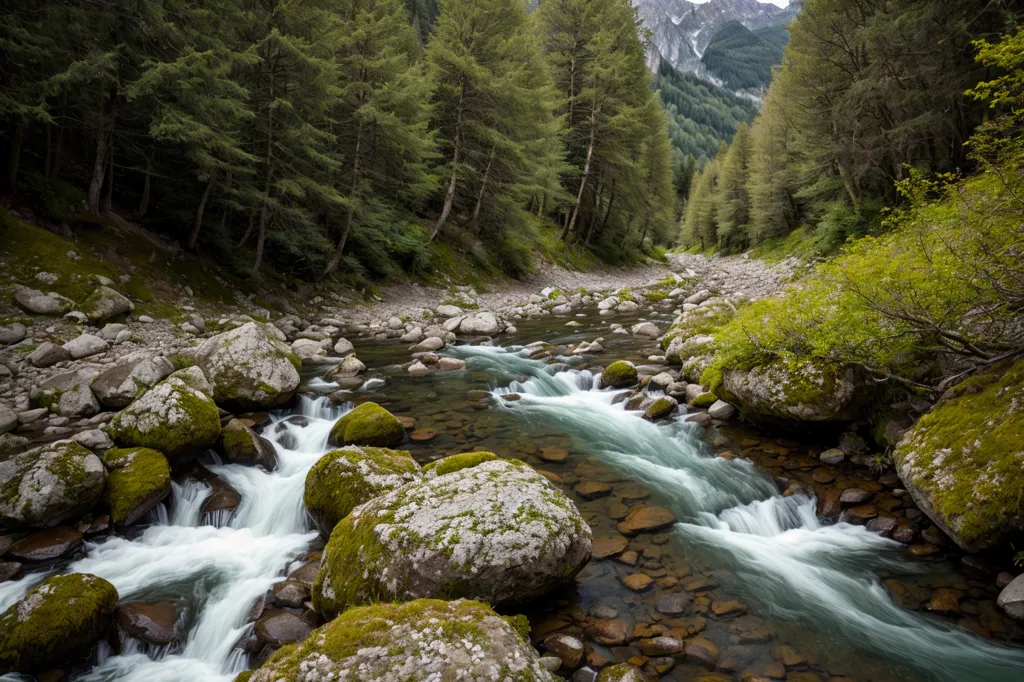 The image shows a mountain river flowing through a valley. The river is wide and shallow, with large rocks and boulders in the middle. The water is clear and blue-green, and it is rushing along at a fast pace. The banks of the river are steep and covered in moss and vegetation. There are large trees growing on the banks, and the forest continues up the valley. In the background, there is a snow-capped mountain. The sky is blue and there are some clouds. The overall effect of the image is one of beauty and tranquility.