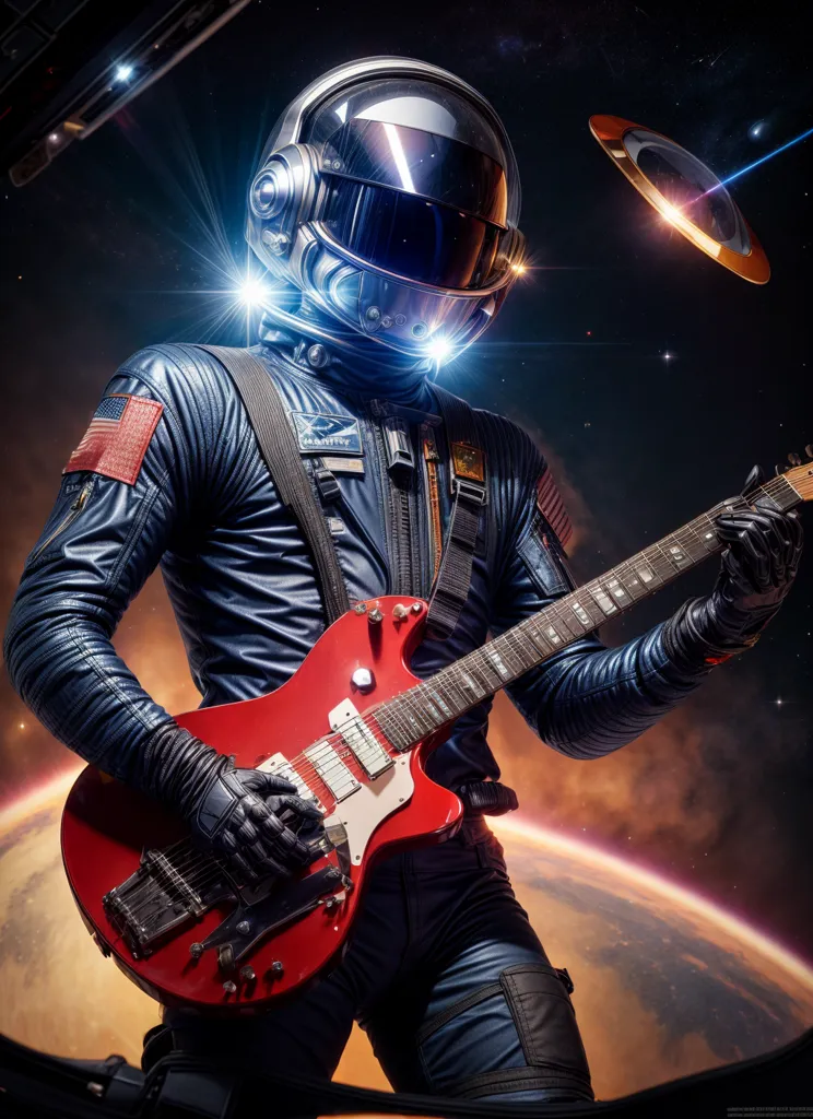 This is an image of an astronaut playing an electric guitar in space. The astronaut is wearing a blue spacesuit with a red and white American flag patch on the shoulder and a clear bubble helmet with bright lights on the sides. They are playing a red electric guitar with a white pickguard. There are stars and a planet in the background.