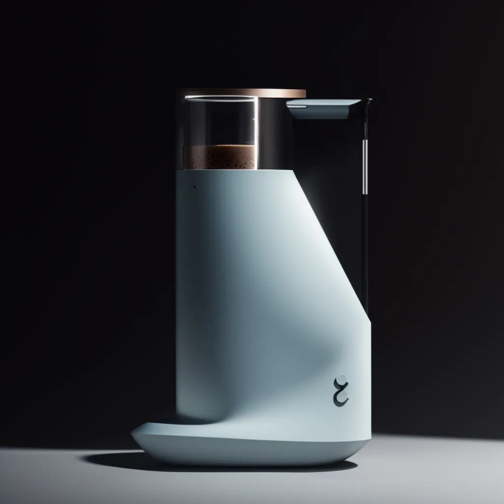 The image shows a coffee maker with a modern design. It has a blue body and a glass carafe. The coffee maker is placed on a white surface against a black background.