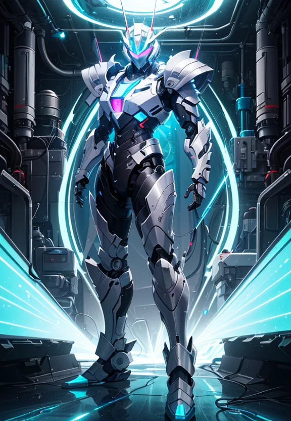 The image shows a futuristic robot. It is white and blue with glowing blue lines running along its body. It is standing in a futuristic room with a large blue circle behind it. The room is dark and there are machines and pipes all around. The robot is looking at the viewer.