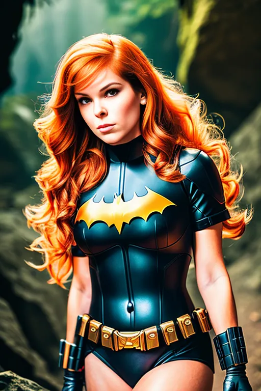 A imagem é de uma jovem mulher com cabelos longos e encaracolados de cor vermelha. Ela está usando um traje de Batgirl preto e amarelo. A imagem é ambientada em uma floresta escura. A mulher olha para a câmera com uma expressão séria.