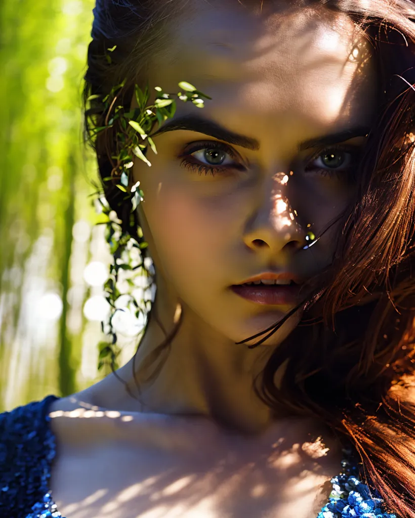 The picture shows a young woman with long brown hair and green eyes. She is wearing a blue dress with silver sequins. She has a few leaves and small white flowers in her hair. The background is blurred, but it looks like there are trees in the background. The woman is looking at the camera with a serious expression.