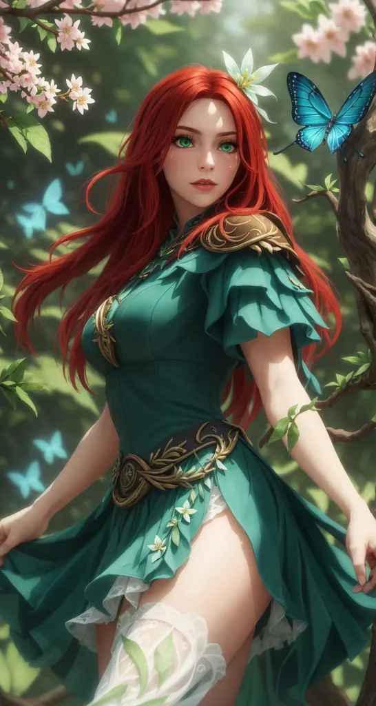 This image shows a woman with long red hair. She is wearing a green dress with white and gold trim. There are white flowers in her hair and a blue butterfly on her shoulder. She is standing in a forest, surrounded by trees and flowers.