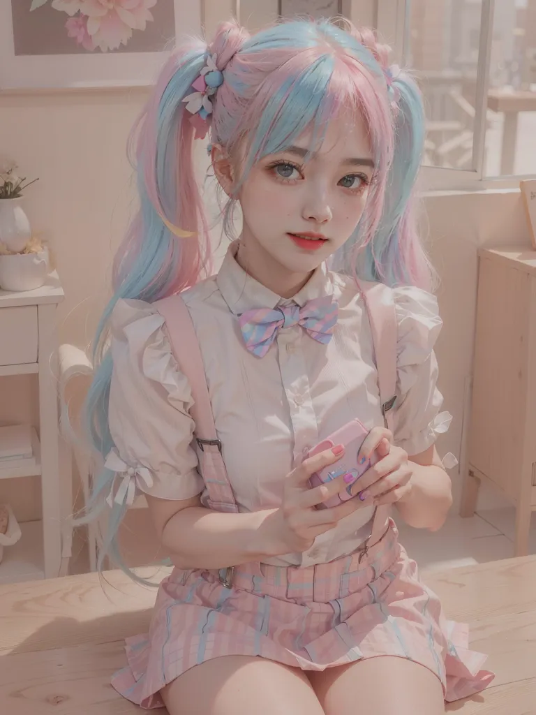 The image shows a young woman with long blue and pink hair. She is wearing a white blouse, a pink and blue plaid skirt, and a pink bow tie. She is also wearing white socks and pink shoes. She is sitting on a bed in a room with white walls and a pink floor. There is a white dresser and a pink nightstand in the room. The woman is holding a pink phone. She has a soft smile on her face and her eyes are looking at the camera.