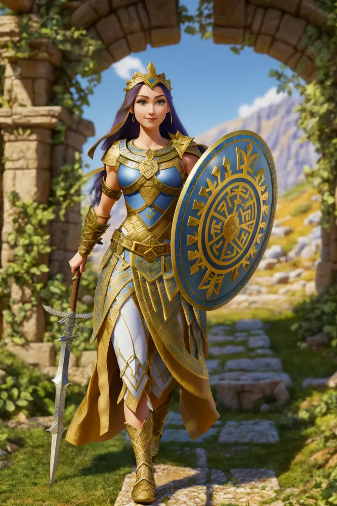 The image shows a female warrior. She is wearing a golden armor and a blue skirt. She is also wearing a helmet and carrying a sword and a shield. She is standing in a stone archway, and there are mountains in the background. The warrior woman has long brown hair and blue eyes. She is also very muscular and looks very strong. She is wearing a confident expression on her face, and it is clear that she is ready for battle.