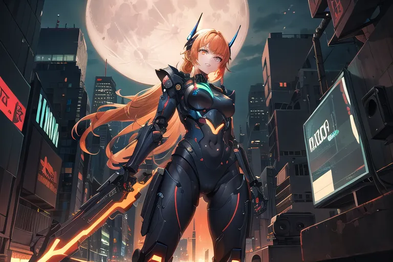 The picture shows a futuristic city with a large moon in the background. A young woman is standing in the middle of the city. She is wearing a black and orange bodysuit and a helmet. She is also carrying a large sword. The woman is surrounded by tall buildings and neon lights. The picture is very detailed and the colors are very vibrant.