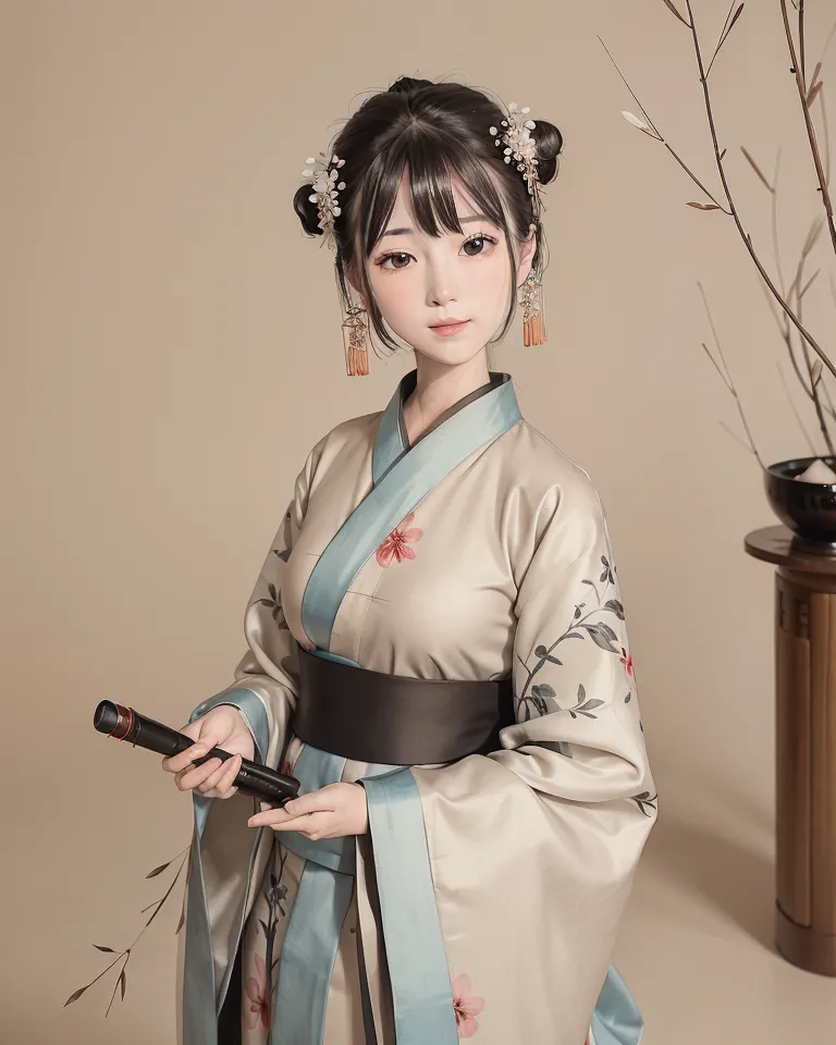 The picture shows a young woman in a traditional Chinese dress (Hanfu). The woman has long black hair with two buns on her head. She is wearing a pink and white hanfu with a floral pattern and a black belt. She is also wearing traditional Chinese jewelry, including earrings, a necklace, and a bracelet. The woman is standing in front of a plain background, with a tree branch and a table with a bowl on it to her right. The woman is looking at the camera with a serious expression.