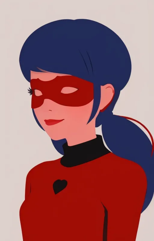 L'image montre un personnage animé aux cheveux bleus et aux yeux bleus. Elle porte un costume de super-héros rouge et noir avec un masque rouge, un col roulé noir et une combinaison rouge avec un symbole en forme de cœur noir au centre.