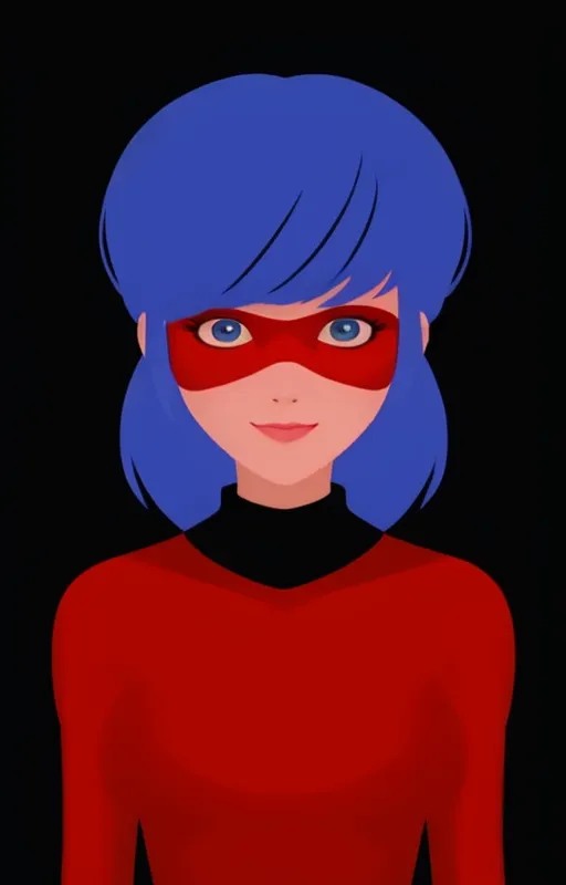 La imagen muestra una animación de una chica con el cabello azul y ojos azules. Lleva un traje rojo y negro con una máscara roja. La chica está de pie contra un fondo negro y tiene una expresión confiada en su rostro. La imagen está dibujada en un estilo semi-realista y los colores son vibrantes y brillantes.