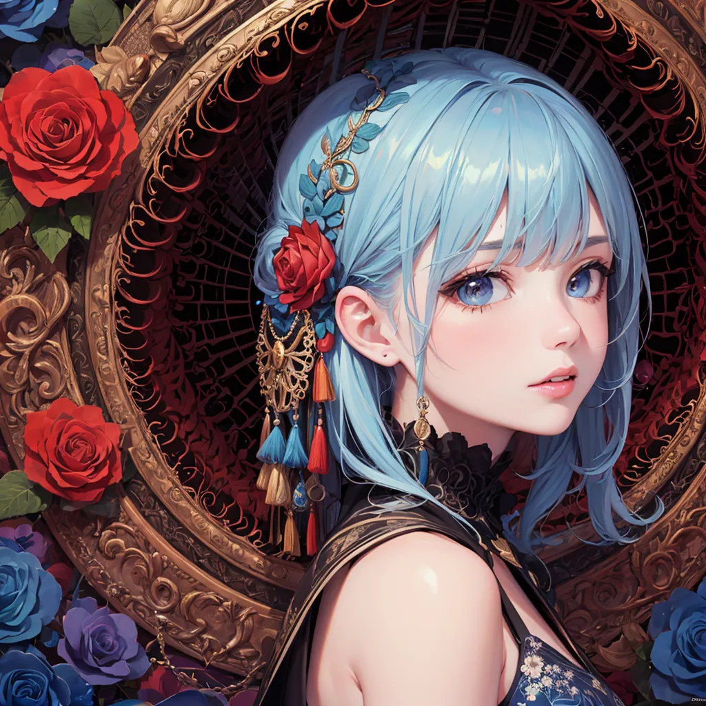 This is an image of a beautiful anime girl with long blue hair and blue eyes. She is wearing a black and gold dress with a red rose in her hair. There are red and blue roses all around her. The background is a gold frame with a red curtain.