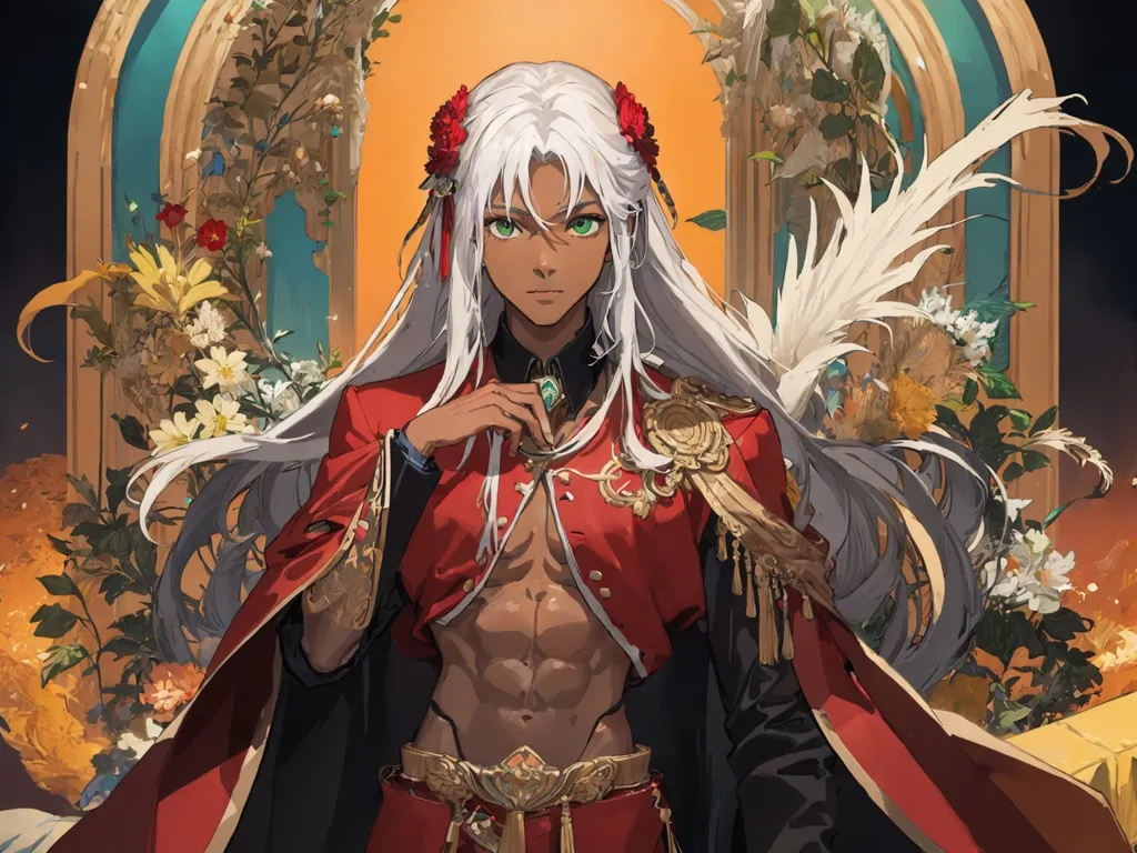 This is an image of a man with long white hair and green eyes. He is wearing a red and gold outfit and has a muscular build. He is standing in front of a large door that is decorated with flowers. There are also flowers growing around him. The man has a serious expression on his face and is looking at the viewer.