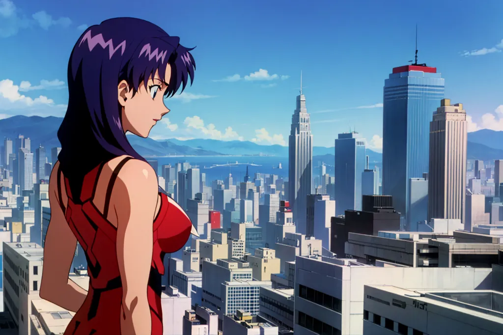 La imagen muestra a una mujer joven de pie en la azotea con vista a una ciudad. Lleva un vestido rojo y tiene el cabello morado. La ciudad es grande y moderna, con muchos rascacielos. El cielo es azul y hay algunas nubes.