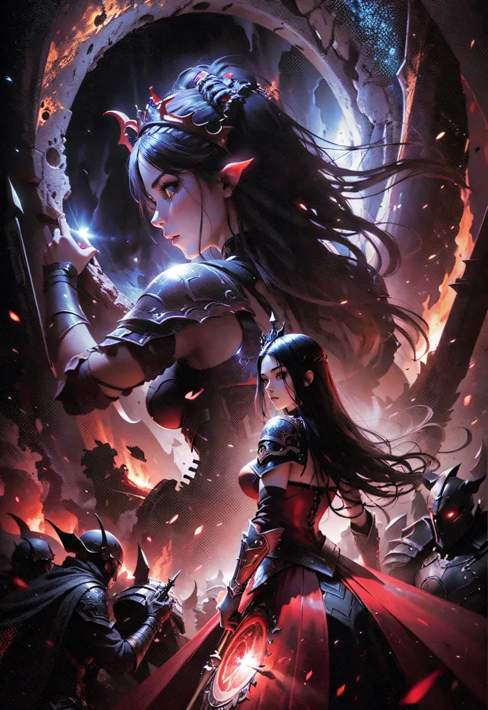 This is an image of two women, both with long black hair. The woman on the left is wearing black armor and the woman on the right is wearing a red dress. The woman in black is holding a sword and the woman in red is holding a staff. There are three men in the background of the image. They are all wearing black armor and they are all holding swords. The background is a fiery orange color.