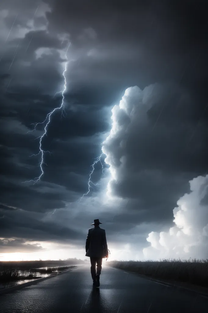 The image is a dark and stormy night. The sky is filled with clouds and lightning is flashing. A man is walking down a road in the rain. He is wearing a hat and a coat and he is carrying a suitcase. The man is walking in the middle of the road and he is not looking back. The image is full of suspense and it is unclear what will happen next.