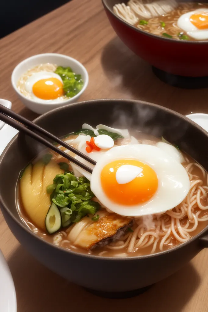 Masanın üzerinde bir kase ramen var. Ramende makarnalar, haşlanmış bir yumurta yarısı ve yeşil soğanlar var. Ayrıca beyaz bir çorba ve yeşil bezelye içeren kırmızı bir kase daha var. Masada da chopsticks (çubuklar) bulunuyor.