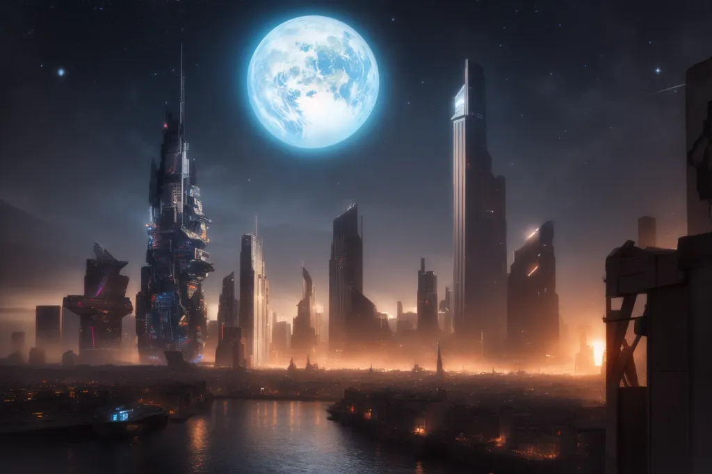 A imagem é uma cena noturna de uma cidade futurista. A cidade está cheia de arranha-céus e outros edifícios, todos iluminados pelas luzes brilhantes da cidade. Há uma grande lua azul no céu e um rio correndo pelo meio da cidade. A imagem é muito detalhada e fica claro que o artista colocou muito pensamento em criá-la.